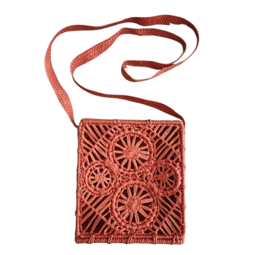 Boho Woven Macrame Coral Orange Crossbody Box Frame Bag Straw Raffia